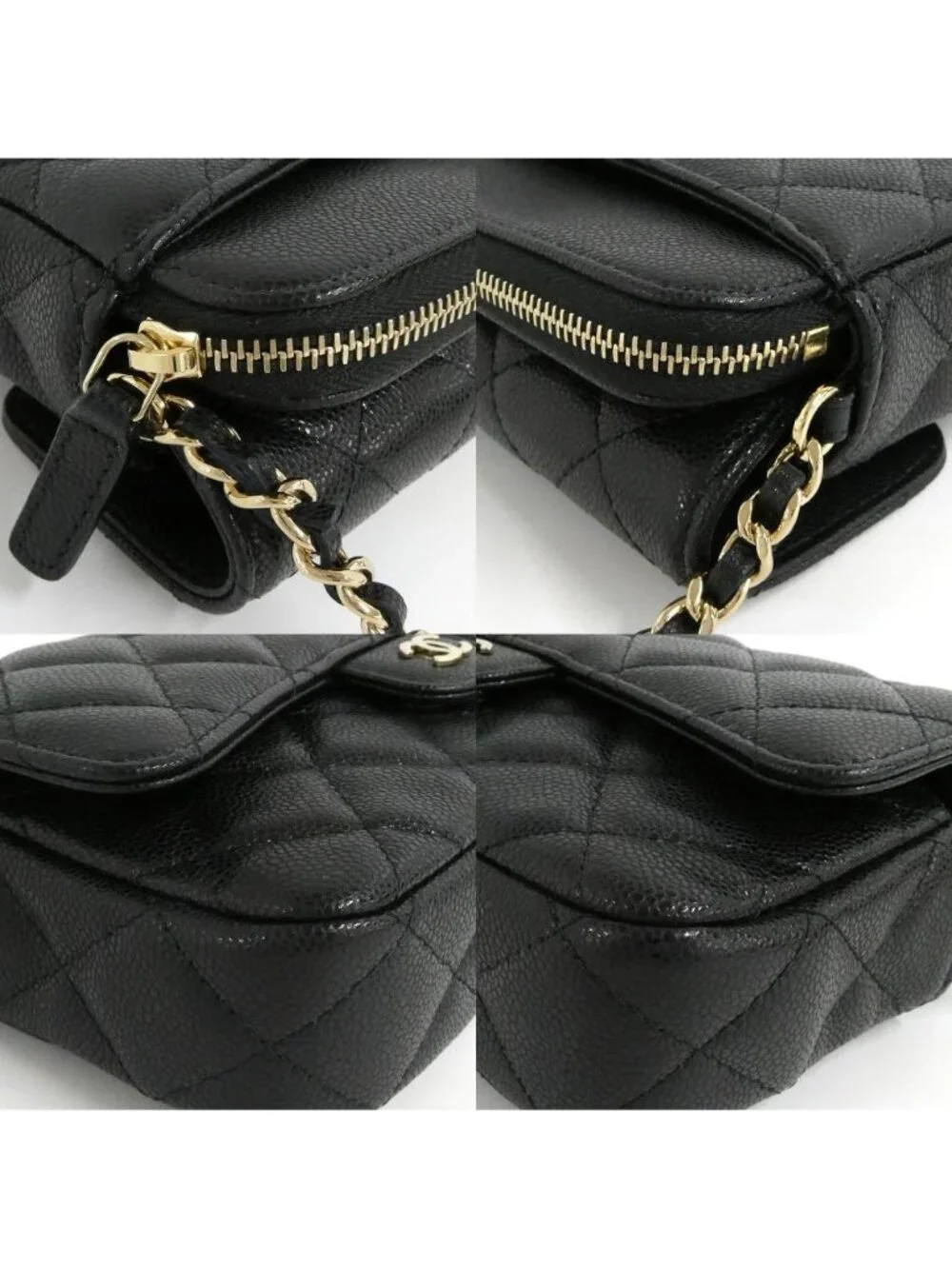 Chanel Flap Phone Case Chain Shoulder Bag Caviar Leather Black Gold